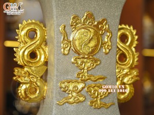 Đôi lộc bình cổ vuông men rạn đắp nổi Rồng, dát vàng 24k, cao 60cm