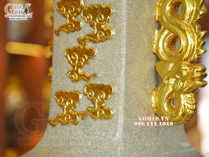 Đôi lộc bình cổ vuông men rạn đắp nổi Rồng, dát vàng 24k, cao 60cm