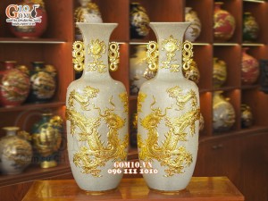 Đôi lộc bình cổ vuông men rạn đắp nổi Rồng, dát vàng 24k, cao 60cm