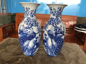 Đôi lộc bình công đào men lam cao 50cm
