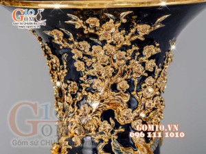 Đôi lộc bình đắp nổi Công Đào vẽ vàng 24k, nền xanh coban - cao 140cm