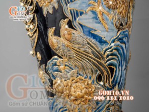 Đôi lộc bình đắp nổi Công Đào vẽ vàng 24k, nền xanh coban - cao 140cm
