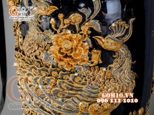 Đôi lộc bình đắp nổi Công Đào vẽ vàng 24k, nền xanh coban - cao 140cm