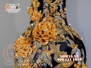 Đôi lộc bình đắp nổi Công Đào vẽ vàng 24k, nền xanh coban - cao 140cm