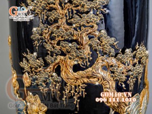 Đôi lộc bình đắp nổi Công Đào vẽ vàng 24k, nền xanh coban - cao 140cm