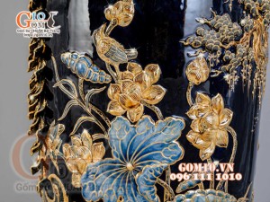 Đôi lộc bình đắp nổi Công Đào vẽ vàng 24k, nền xanh coban - cao 140cm