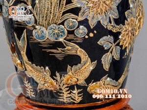 Đôi lộc bình đắp nổi Công Đào vẽ vàng 24k, nền xanh coban - cao 140cm