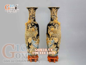 Đôi lộc bình đắp nổi Công Đào vẽ vàng 24k, nền xanh coban - cao 140cm