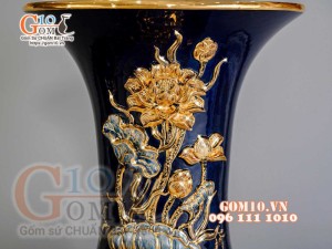Đôi lộc bình đắp nổi hoa Sen vẽ vàng 24k, nền xanh coban - cao 120cm