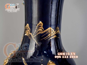 Đôi lộc bình đắp nổi hoa Sen vẽ vàng 24k, nền xanh coban - cao 120cm