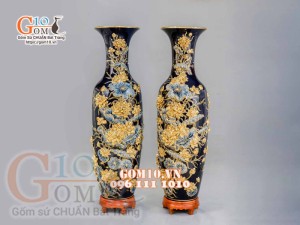 Đôi lộc bình đắp nổi hoa Sen vẽ vàng 24k, nền xanh coban - cao 140cm