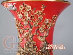 Đôi lộc bình đắp nổi Phúc Lộc Thọ vẽ vàng 24k, nền đỏ - cao 120cm
