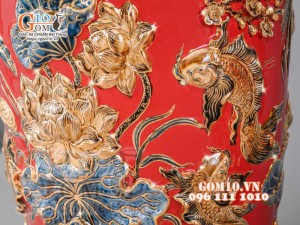 Đôi lộc bình đắp nổi Phúc Lộc Thọ vẽ vàng 24k, nền đỏ - cao 120cm