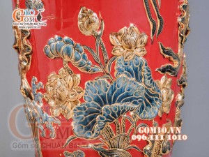 Đôi lộc bình đắp nổi Phúc Lộc Thọ vẽ vàng 24k, nền đỏ - cao 120cm