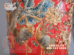 Đôi lộc bình đắp nổi Phúc Lộc Thọ vẽ vàng 24k, nền đỏ - cao 120cm