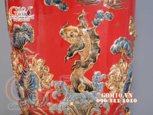 Đôi lộc bình đắp nổi Phúc Lộc Thọ vẽ vàng 24k, nền đỏ - cao 120cm