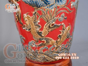 Đôi lộc bình đắp nổi Phúc Lộc Thọ vẽ vàng 24k, nền đỏ - cao 120cm