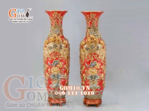 Đôi lộc bình đắp nổi Phúc Lộc Thọ vẽ vàng 24k, nền đỏ - cao 120cm