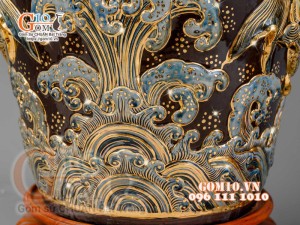 Đôi lộc bình đắp nổi Phúc Lộc Thọ vẽ vàng 24k, nền nâu - cao 120cm