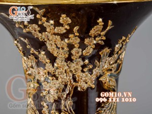 Đôi lộc bình đắp nổi Phúc Lộc Thọ vẽ vàng 24k, nền nâu - cao 120cm