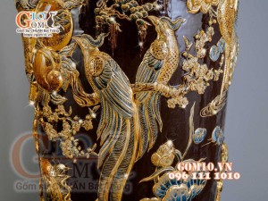 Đôi lộc bình đắp nổi Phúc Lộc Thọ vẽ vàng 24k, nền nâu - cao 120cm