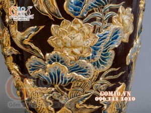 Đôi lộc bình đắp nổi Phúc Lộc Thọ vẽ vàng 24k, nền nâu - cao 120cm