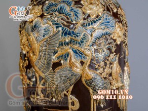 Đôi lộc bình đắp nổi Phúc Lộc Thọ vẽ vàng 24k, nền nâu - cao 120cm