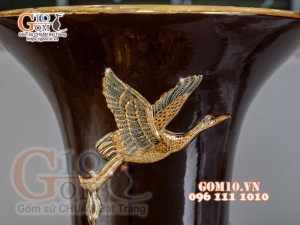 Đôi lộc bình đắp nổi Phúc Lộc Thọ vẽ vàng 24k, nền nâu - cao 120cm