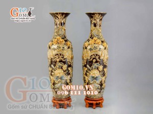 Đôi lộc bình đắp nổi Phúc Lộc Thọ vẽ vàng 24k, nền nâu - cao 140cm