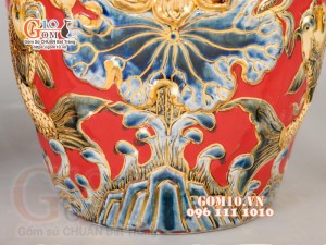 Đôi lộc bình Đỏ đắp nổi Phúc Lộc Thọ - vẽ vàng 24k, cao 60cm