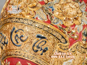 Đôi lộc bình Đỏ đắp nổi Phúc Lộc Thọ - vẽ vàng 24k, cao 60cm