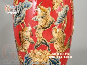 Đôi lộc bình Đỏ đắp nổi Phúc Lộc Thọ - vẽ vàng 24k, cao 60cm