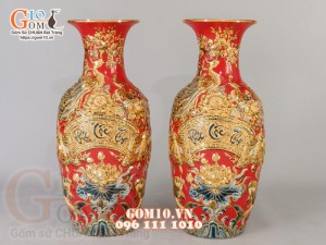 Đôi lộc bình Đỏ đắp nổi Phúc Lộc Thọ - vẽ vàng 24k, cao 60cm