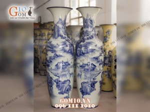 Đôi lộc bình men bóng, vẽ Sơn Thủy 1m6 – Hàng vẽ kĩ