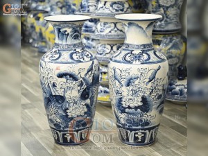Đôi lộc bình men chàm cổ vẽ Cá Chép liên hoa, cao 70cm
