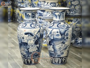 Đôi lộc bình men chàm cổ vẽ Cá Chép liên hoa, cao 70cm