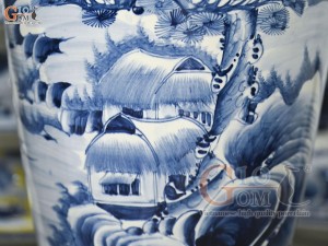 Đôi lộc bình men chàm cổ vẽ cảnh Sơn Thủy, cao 70cm