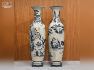 Đôi lộc bình men chàm cổ vẽ Lộc Hạc Trường Thọ, cao 1m75