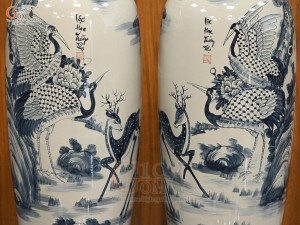 Đôi lộc bình men chàm cổ vẽ Lộc Hạc Trường Thọ, cao 1m75