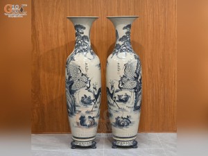 Đôi lộc bình men chàm cổ vẽ Lộc Hạc Trường Thọ, cao 1m75