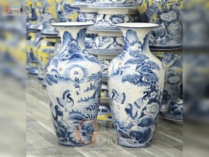 Đôi lộc bình men chàm cổ vẽ Phú Quý Trường Thọ, cao 70cm