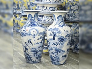 Đôi lộc bình men chàm cổ vẽ Phú Quý Trường Thọ, cao 70cm