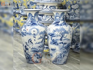 Đôi lộc bình men chàm cổ vẽ Phú Quý Trường Thọ, cao 70cm