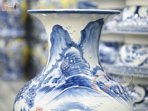 Đôi lộc bình men chàm cổ vẽ Phú Quý Trường Thọ, cao 70cm