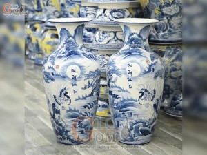 Đôi lộc bình men chàm cổ vẽ Phú Quý Trường Thọ, cao 70cm Đôi lộc bình men chàm cổ vẽ Phú Quý Trường Thọ, cao 70cm