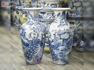 Đôi lộc bình men chàm cổ vẽ Phú Quý Trường Xuân, cao 70cm