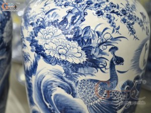 Đôi lộc bình men chàm cổ vẽ Phú Quý Trường Xuân, cao 70cm