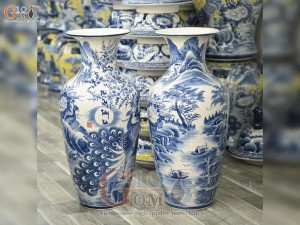 Đôi lộc bình men chàm cổ vẽ Phú Quý Trường Xuân, cao 70cm