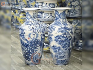 Đôi lộc bình men chàm cổ vẽ Phú Quý Trường Xuân, cao 70cm