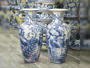 Đôi lộc bình men chàm cổ vẽ Phú Quý Trường Xuân, cao 70cm